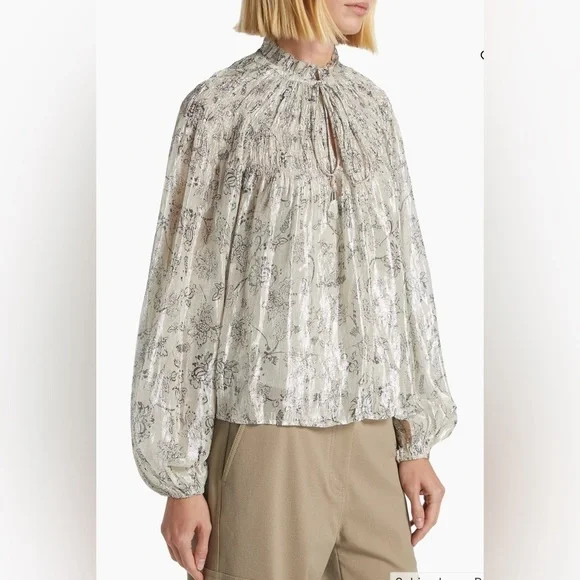 NWOT Love the Label Meredith Smocked Metallic Top Sz S Sabina Lurex Print - Picture 9 of 12